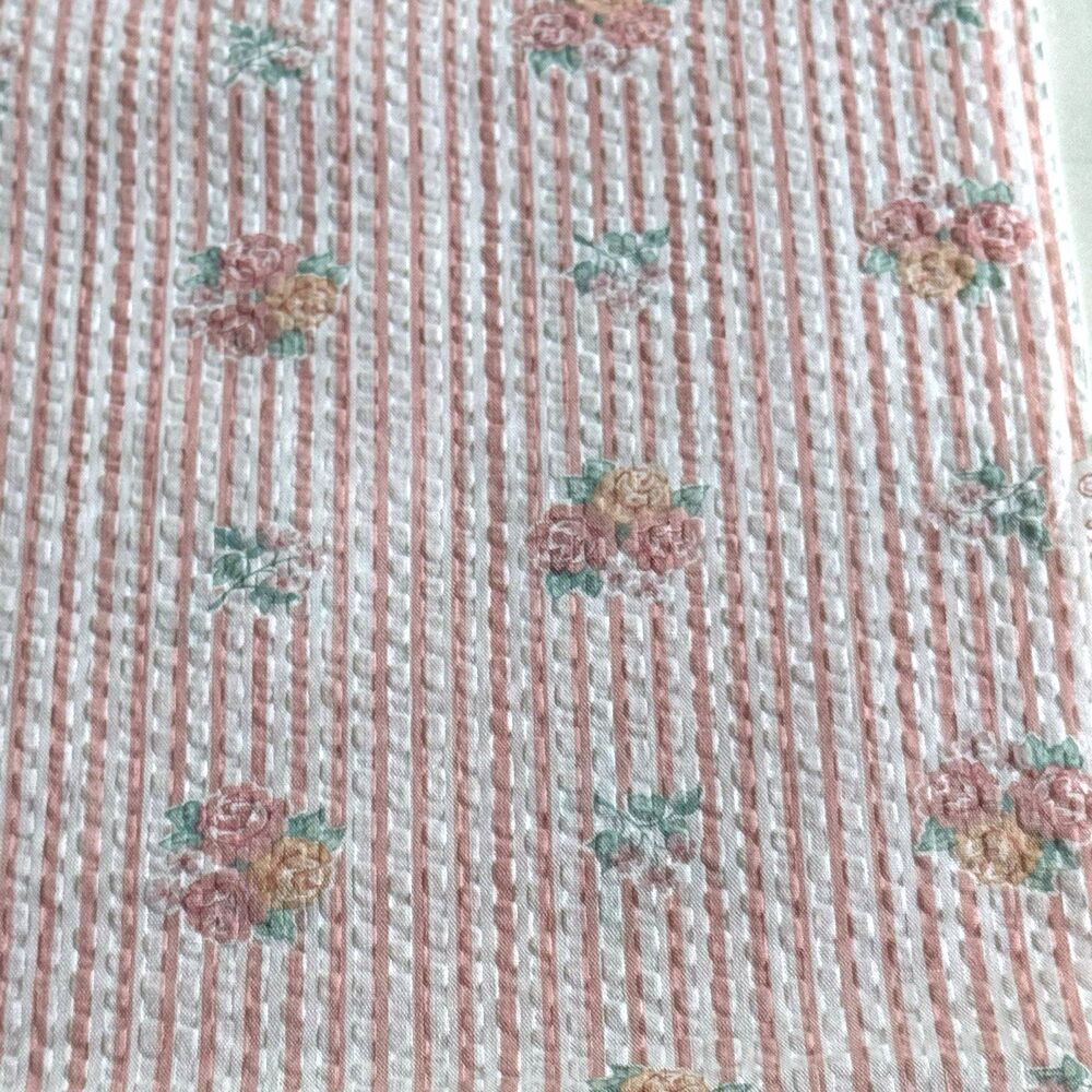 Vintage Floral Seersucker Pink Stripe Fabric Pink/Peach Crinkle Wamsutta 3yd